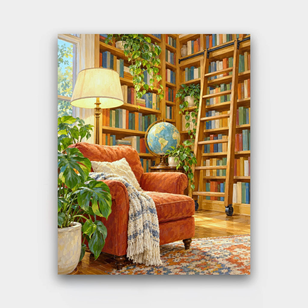 The Cottage Library paint by numbers kit of a home library with floor-to-ceiling bookshelves, a rolling ladder, armchair and globe