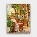 The Cottage Library paint by numbers kit of a home library with floor-to-ceiling bookshelves, a rolling ladder, armchair and globe