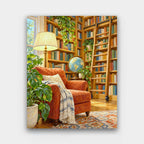 The Cottage Library paint by numbers kit of a home library with floor-to-ceiling bookshelves, a rolling ladder, armchair and globe