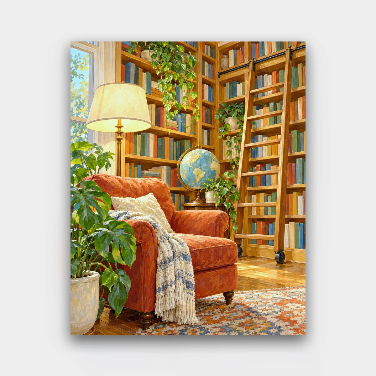 The Cottage Library paint by numbers kit of a home library with floor-to-ceiling bookshelves, a rolling ladder, armchair and globe