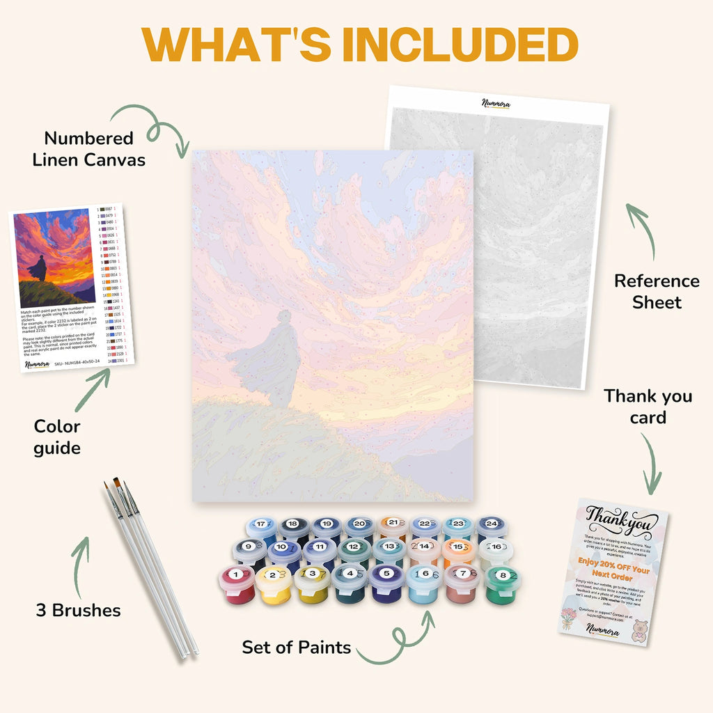 What's included in The Edge of Infinity paint by numbers kit: numbered linen canvas, reference sheet, color guide, 24 acrylic paints, 3 brushes and thank you card