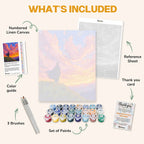 What's included in The Edge of Infinity paint by numbers kit: numbered linen canvas, reference sheet, color guide, 24 acrylic paints, 3 brushes and thank you card