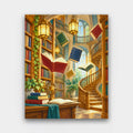The Enchanted Library paint by numbers kit of a magical library with floating books, a spiral staircase and glowing lanterns