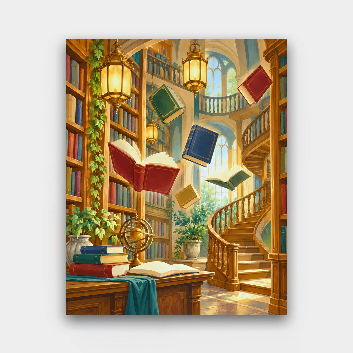 The Enchanted Library paint by numbers kit of a magical library with floating books, a spiral staircase and glowing lanterns