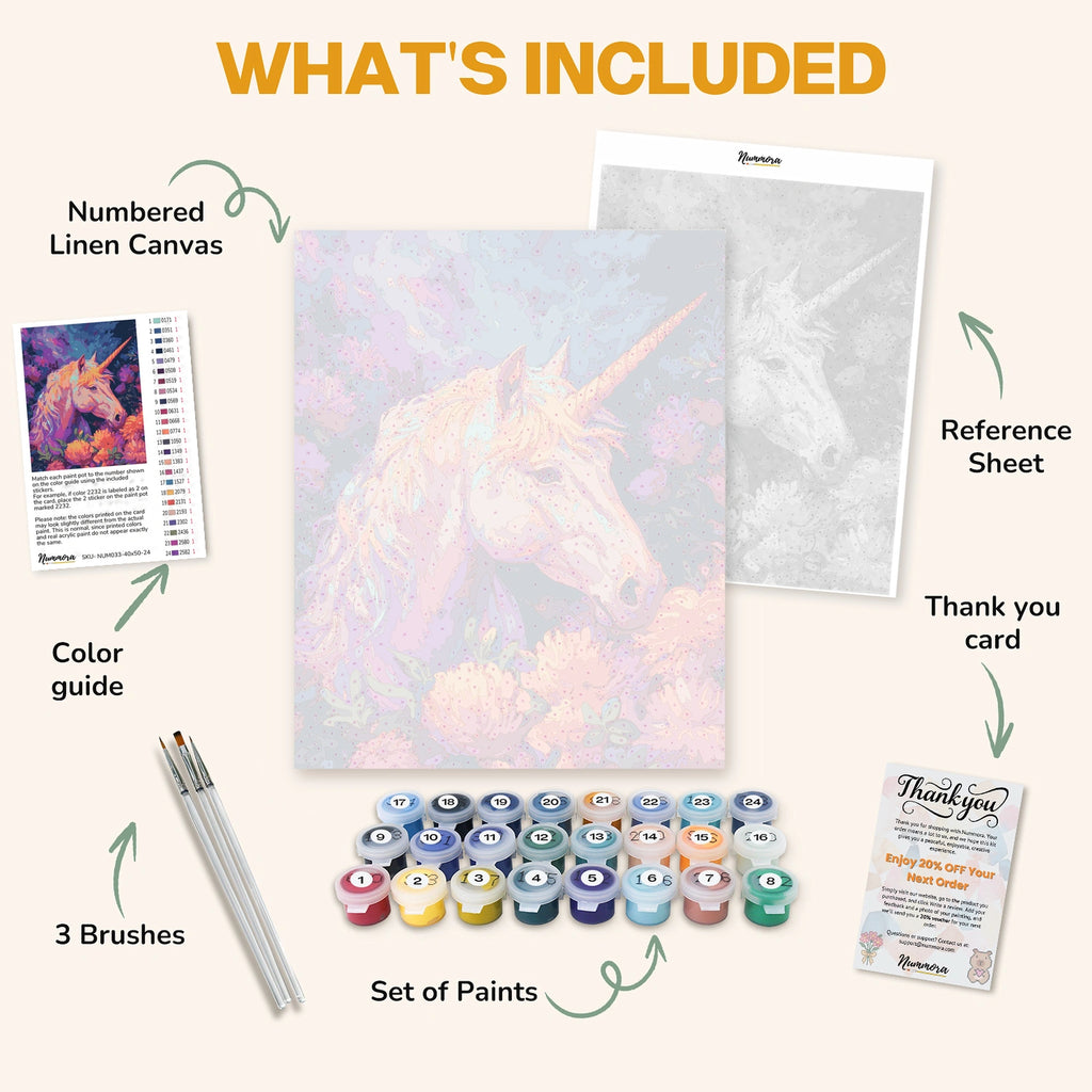 What's included in The Enchanted Unicorn paint by numbers kit: numbered linen canvas, reference sheet, color guide, 24 acrylic paints, 3 brushes and thank you card