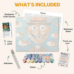What's included in The Fisherman’s Dream paint by numbers kit: numbered linen canvas, reference sheet, color guide, 24 acrylic paints, 3 brushes and thank you card