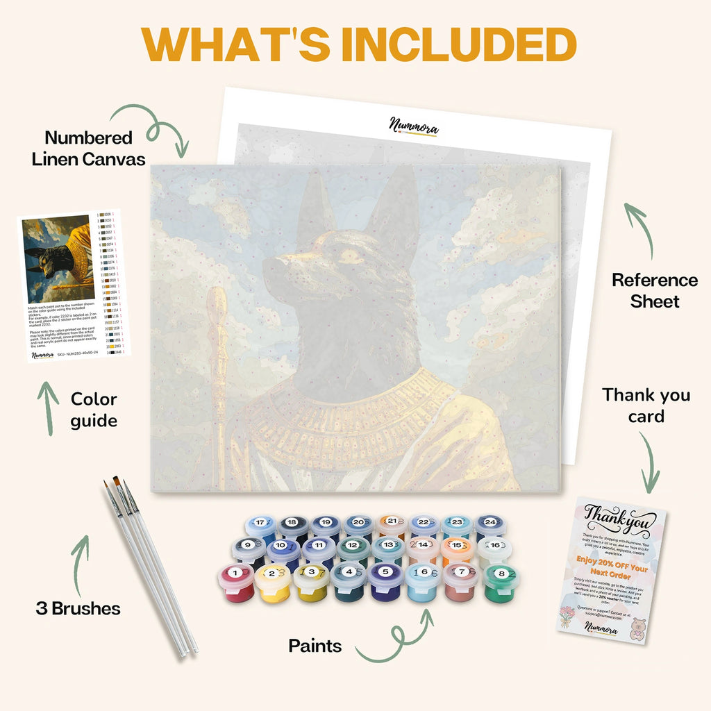 What's included in The Golden Gaze of Anubis paint by numbers kit: numbered linen canvas, reference sheet, color guide, 24 acrylic paints, 3 brushes and thank you card