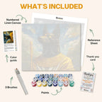 What's included in The Golden Gaze of Anubis paint by numbers kit: numbered linen canvas, reference sheet, color guide, 24 acrylic paints, 3 brushes and thank you card