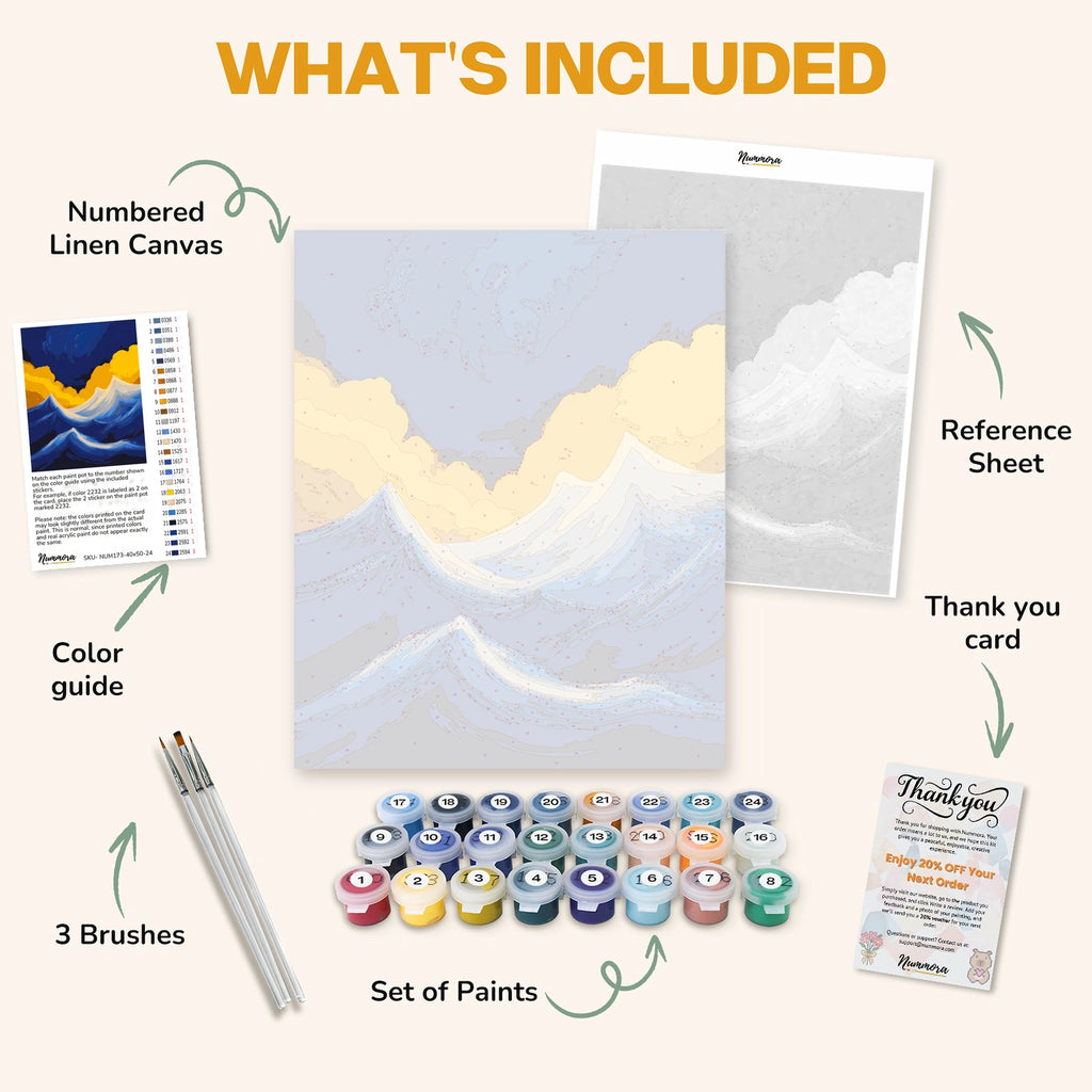 What's included in The Golden Storm paint by numbers kit: numbered linen canvas, reference sheet, color guide, 24 acrylic paints, 3 brushes and thank you card