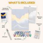 What's included in The Golden Storm paint by numbers kit: numbered linen canvas, reference sheet, color guide, 24 acrylic paints, 3 brushes and thank you card
