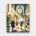 The Grand Concourse paint by numbers kit of travelers in an Art Deco train station hall with arched windows, light beams and a clock
