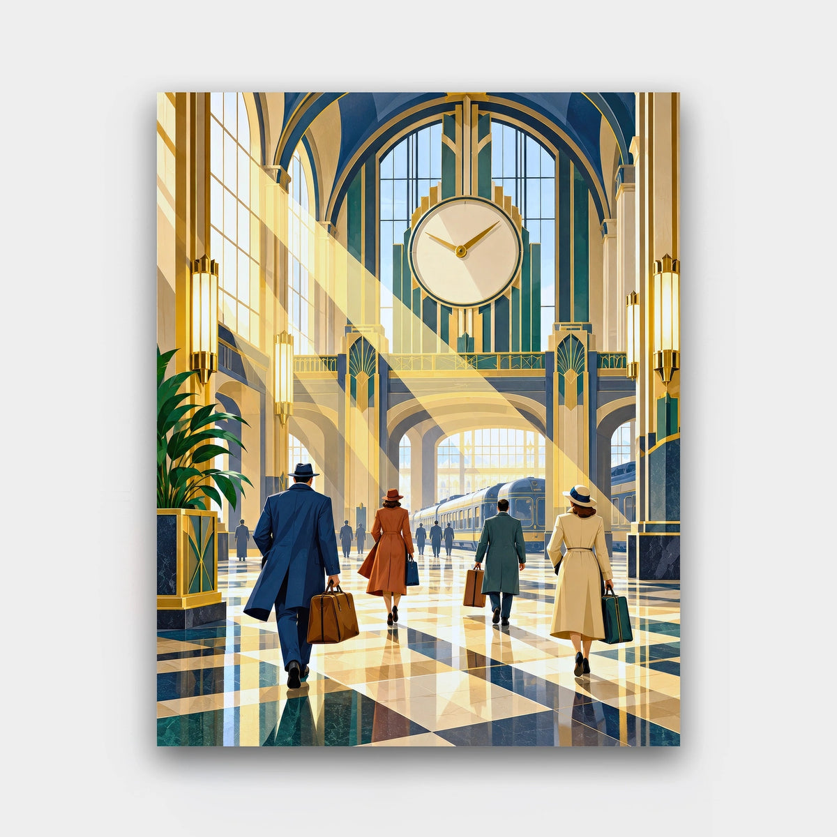 The Grand Concourse paint by numbers kit of travelers in an Art Deco train station hall with arched windows, light beams and a clock