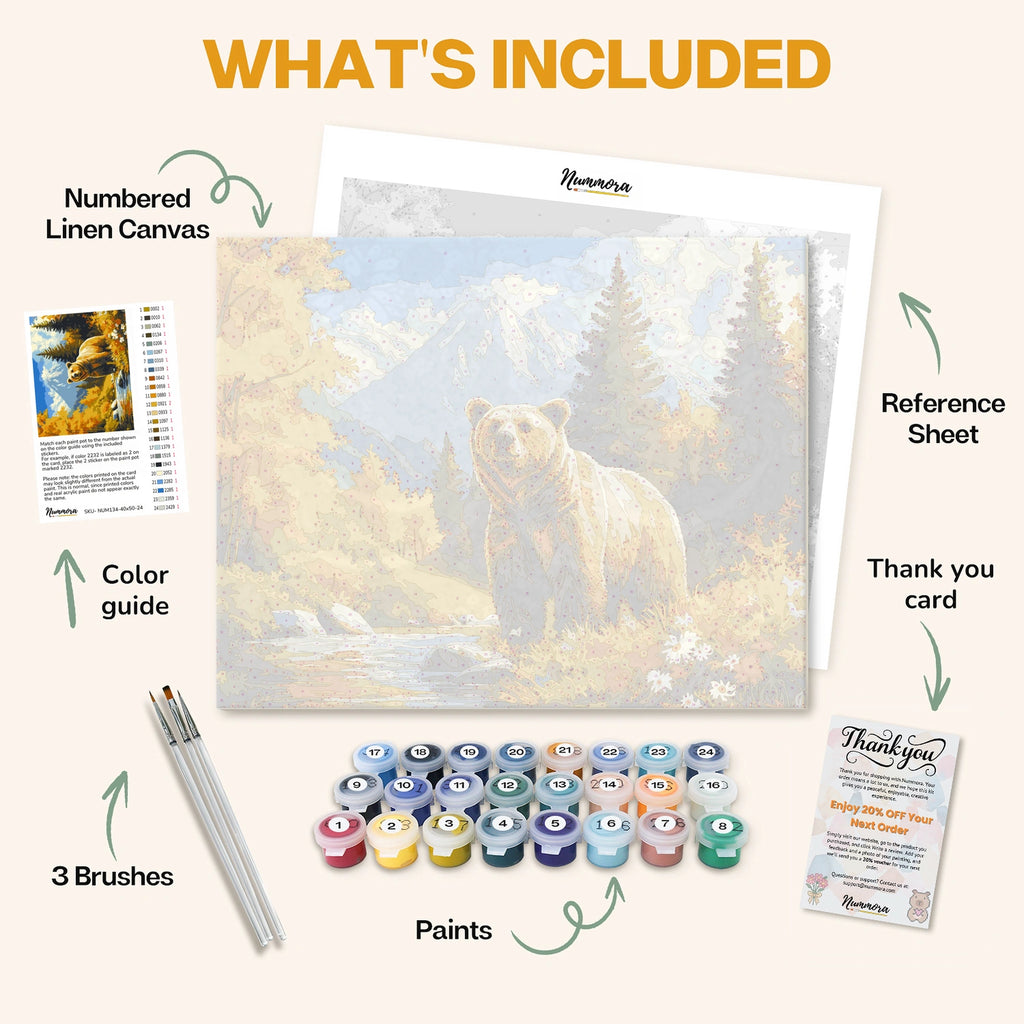 What's included in The Grizzly Monarch paint by numbers kit: numbered linen canvas, reference sheet, color guide, 24 acrylic paints, 3 brushes and thank you card
