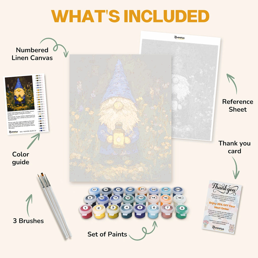 What's included in The Lantern Keeper paint by numbers kit: numbered linen canvas, reference sheet, color guide, 24 acrylic paints, 3 brushes and thank you card
