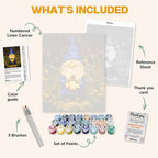 What's included in The Lantern Keeper paint by numbers kit: numbered linen canvas, reference sheet, color guide, 24 acrylic paints, 3 brushes and thank you card