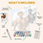 What's included in The Lighthouse Keeper paint by numbers kit: numbered linen canvas, reference sheet, color guide, 24 acrylic paints, 3 brushes and thank you card