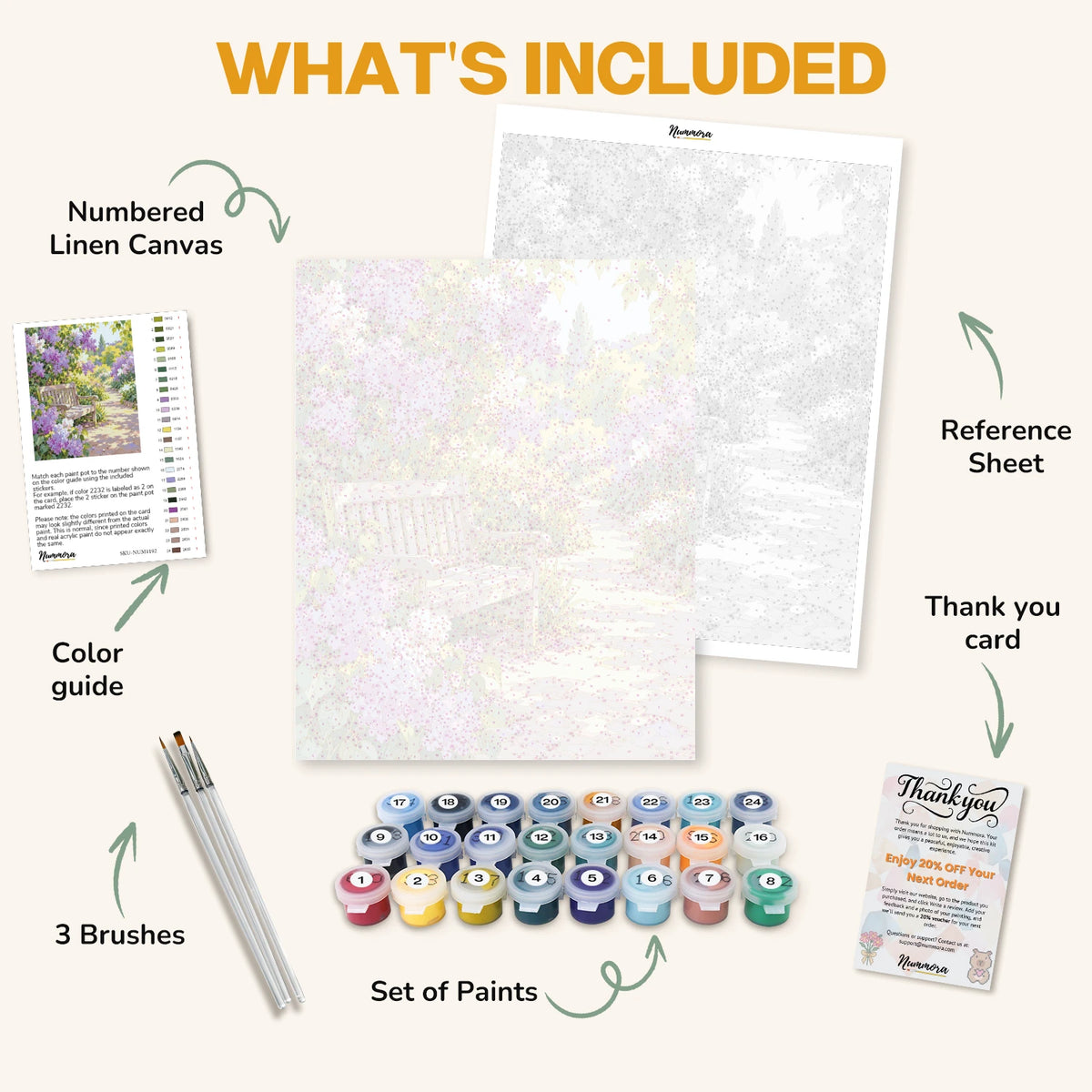 What's included in The Lilac Bench paint by numbers kit: numbered linen canvas, reference sheet, color guide, 24 acrylic paints, 3 brushes and thank you card