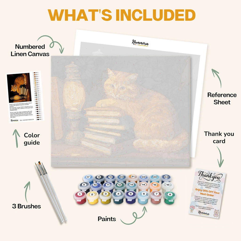 What's included in The Literary Feline paint by numbers kit: numbered linen canvas, reference sheet, color guide, 24 acrylic paints, 3 brushes and thank you card