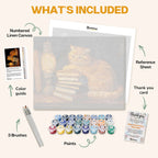 What's included in The Literary Feline paint by numbers kit: numbered linen canvas, reference sheet, color guide, 24 acrylic paints, 3 brushes and thank you card