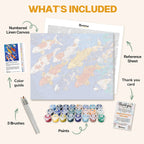 What's included in The Majestic Fish paint by numbers kit: numbered linen canvas, reference sheet, color guide, 24 acrylic paints, 3 brushes and thank you card