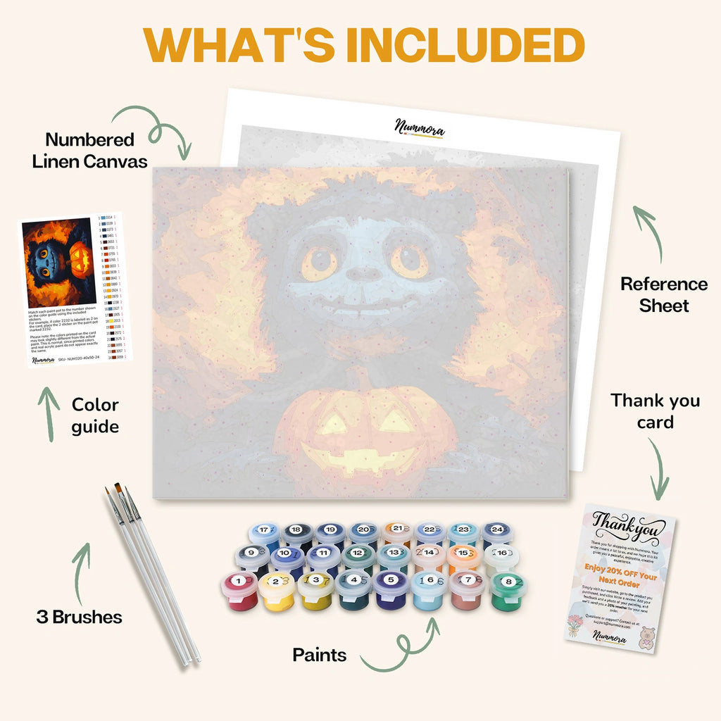 What's included in The Mischievous Glow paint by numbers kit: numbered linen canvas, reference sheet, color guide, 24 acrylic paints, 3 brushes and thank you card