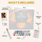 What's included in The Mischievous Glow paint by numbers kit: numbered linen canvas, reference sheet, color guide, 24 acrylic paints, 3 brushes and thank you card