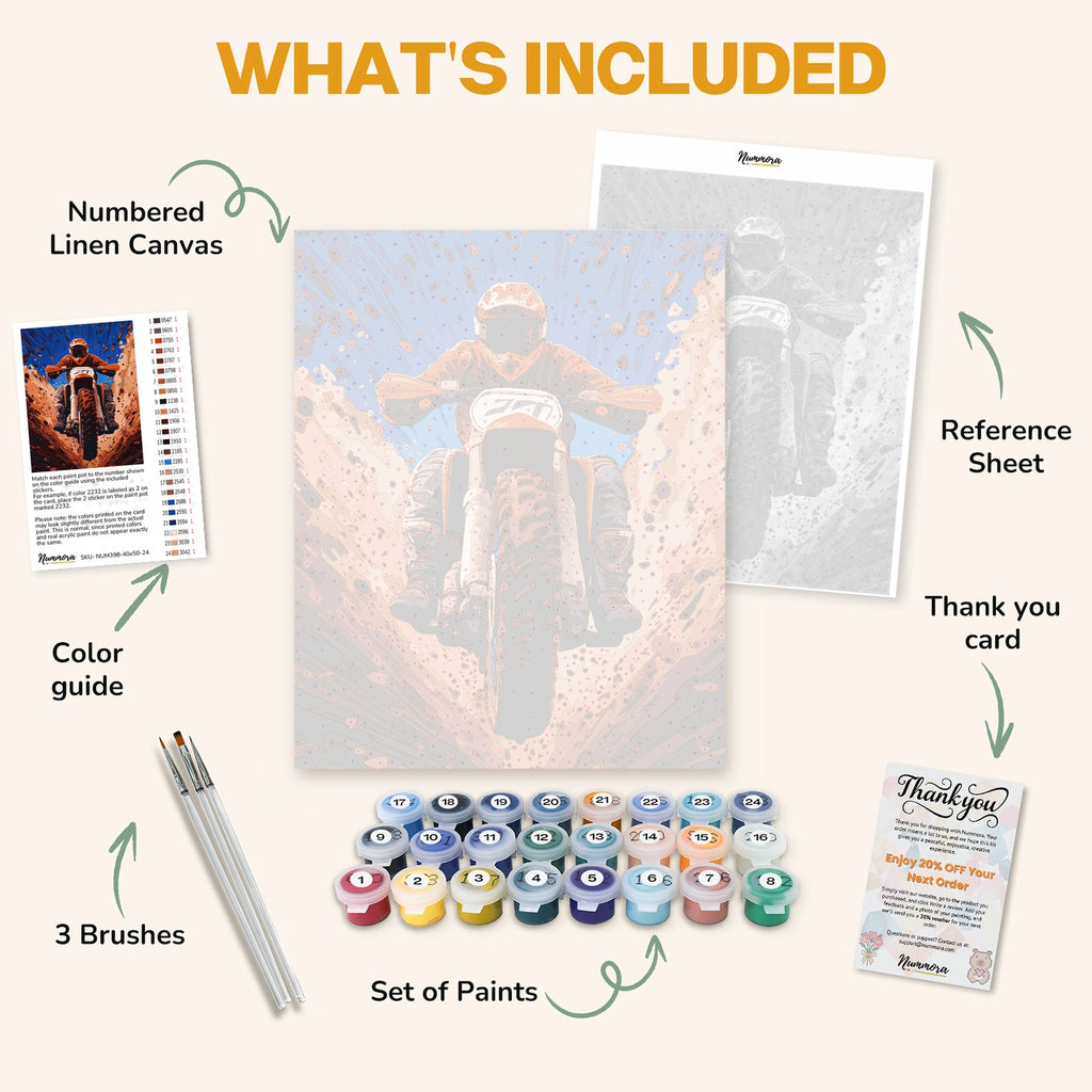 What's included in The Motocross Adventure paint by numbers kit: numbered linen canvas, reference sheet, color guide, 24 acrylic paints, 3 brushes and thank you card