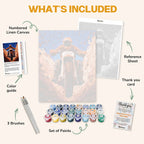 What's included in The Motocross Adventure paint by numbers kit: numbered linen canvas, reference sheet, color guide, 24 acrylic paints, 3 brushes and thank you card