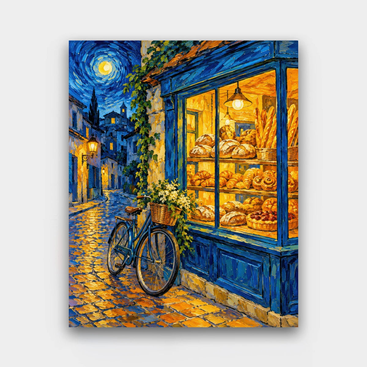 The Night Bakery paint by numbers kit of a glowing bakery window full of bread and pastries on a cobbled street at night