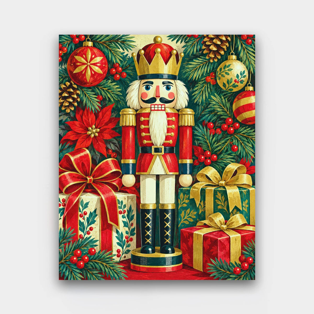 The Nutcracker Soldier paint by numbers kit of a red and gold wooden nutcracker soldier among wrapped presents and pine branches