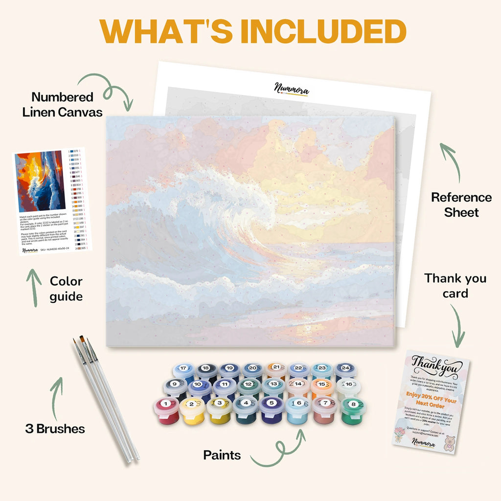 What's included in The Ocean’s Fury paint by numbers kit: numbered linen canvas, reference sheet, color guide, 24 acrylic paints, 3 brushes and thank you card