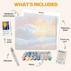 What's included in The Ocean’s Fury paint by numbers kit: numbered linen canvas, reference sheet, color guide, 24 acrylic paints, 3 brushes and thank you card