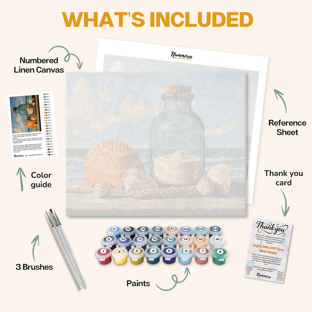 What's included in The Ocean’s Memory in Glass paint by numbers kit: numbered linen canvas, reference sheet, color guide, 24 acrylic paints, 3 brushes and thank you card