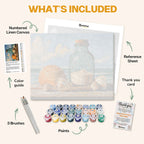 What's included in The Ocean’s Memory in Glass paint by numbers kit: numbered linen canvas, reference sheet, color guide, 24 acrylic paints, 3 brushes and thank you card