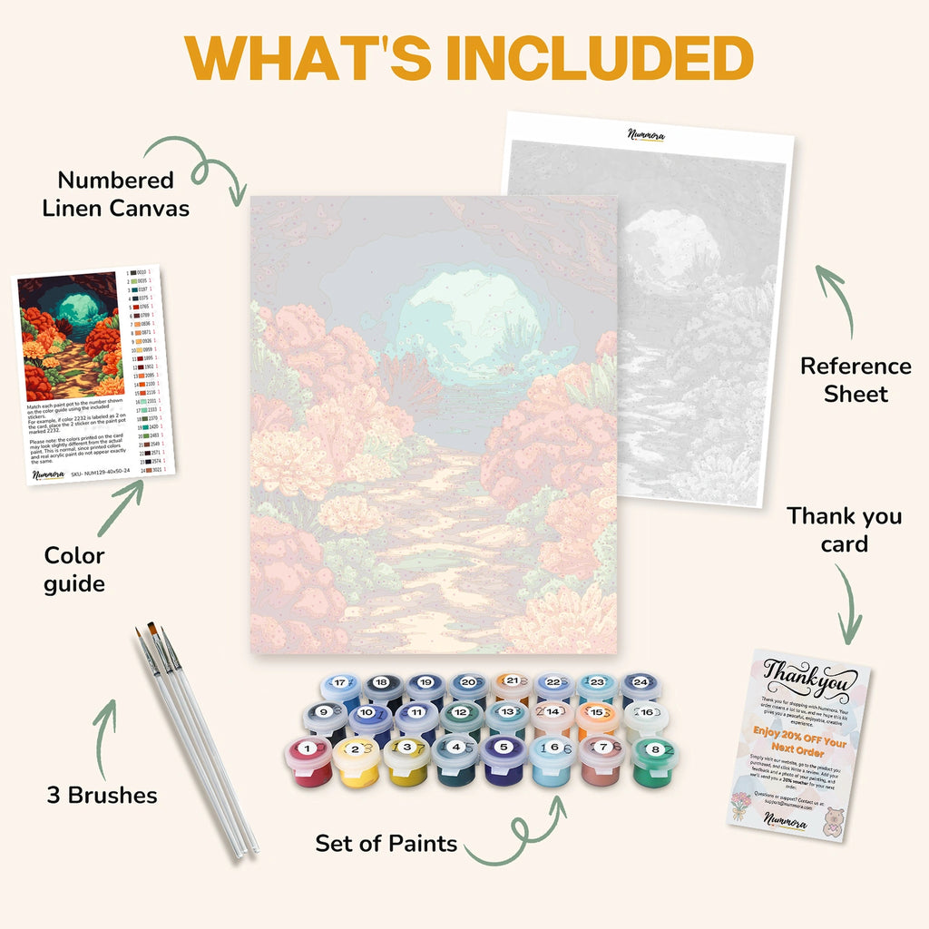 What's included in The Ocean's Mystery paint by numbers kit: numbered linen canvas, reference sheet, color guide, 24 acrylic paints, 3 brushes and thank you card
