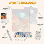 What's included in The Ocean's Mystery paint by numbers kit: numbered linen canvas, reference sheet, color guide, 24 acrylic paints, 3 brushes and thank you card