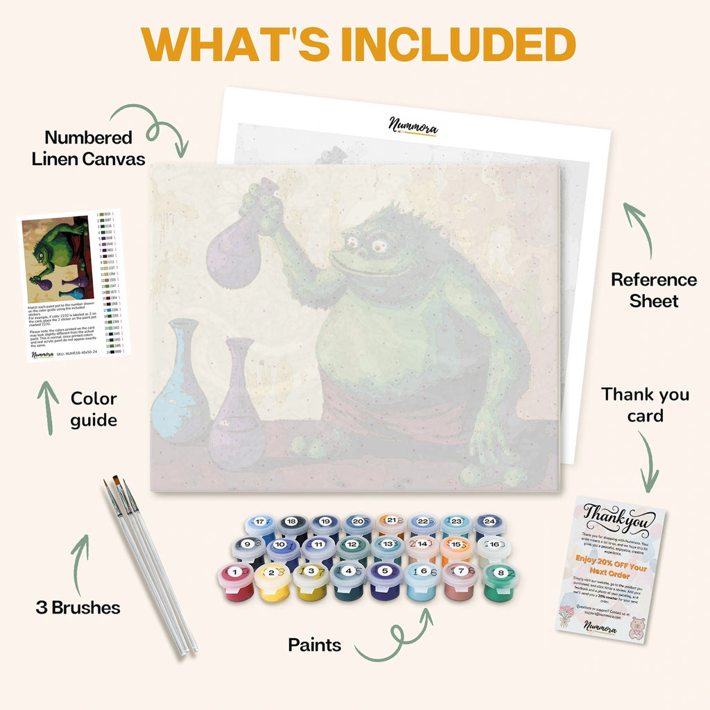 What's included in The Ogre’s Experiment paint by numbers kit: numbered linen canvas, reference sheet, color guide, 24 acrylic paints, 3 brushes and thank you card