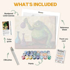 What's included in The Ogre’s Experiment paint by numbers kit: numbered linen canvas, reference sheet, color guide, 24 acrylic paints, 3 brushes and thank you card