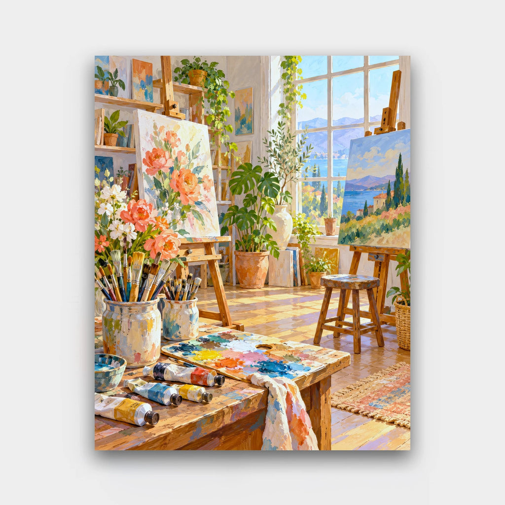 The Painter's Studio paint by numbers kit of a sunlit artist's studio with easels, canvases, brushes, paint tubes and plants