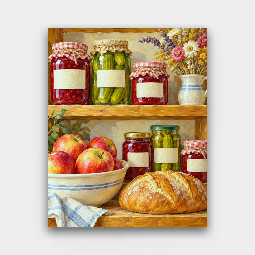 The Pantry Shelf paint by numbers kit of rustic pantry shelves with jars of jam and pickles, apples, bread and dried flowers