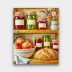 The Pantry Shelf paint by numbers kit of rustic pantry shelves with jars of jam and pickles, apples, bread and dried flowers