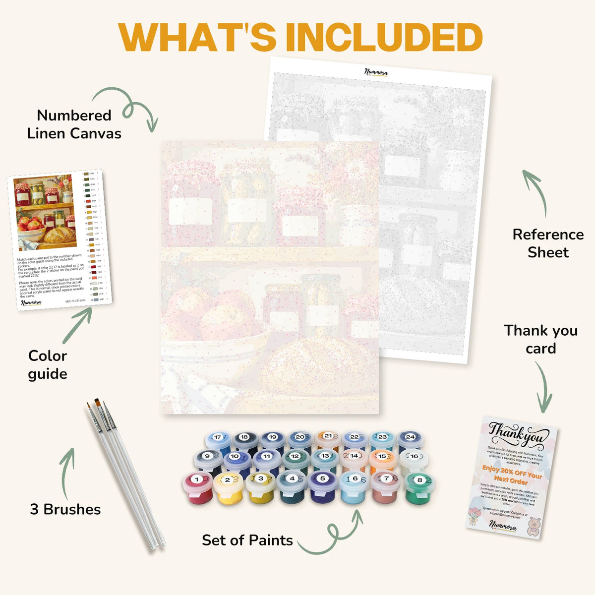What's included in The Pantry Shelf paint by numbers kit: numbered linen canvas, reference sheet, color guide, 24 acrylic paints, 3 brushes and thank you card