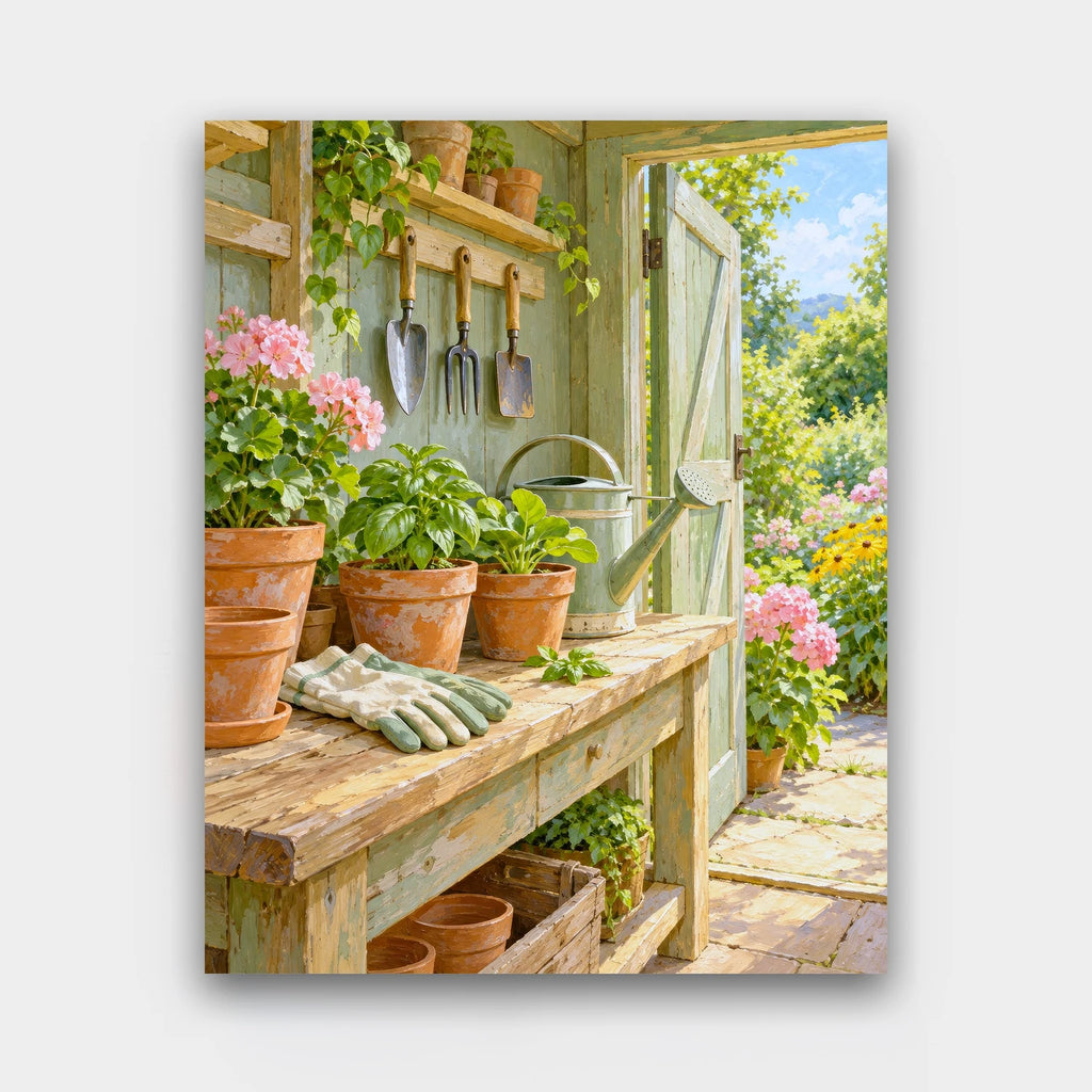 The Potting Shed paint by numbers kit of an open potting shed with terracotta pots, seedlings, gloves and hanging garden tools