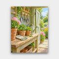 The Potting Shed paint by numbers kit of an open potting shed with terracotta pots, seedlings, gloves and hanging garden tools