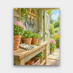 The Potting Shed paint by numbers kit of an open potting shed with terracotta pots, seedlings, gloves and hanging garden tools