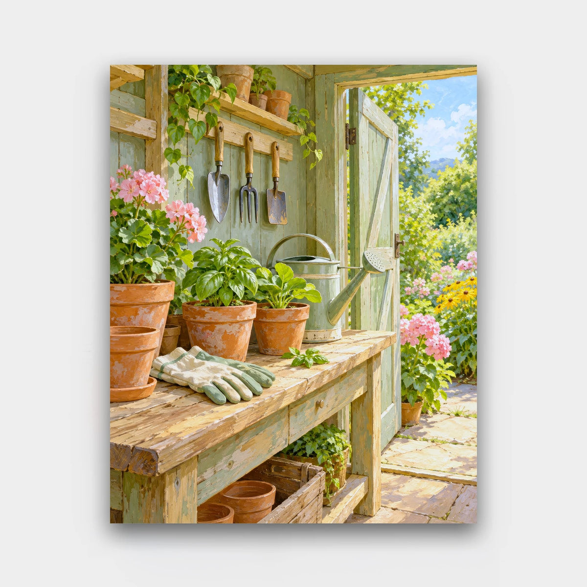 The Potting Shed paint by numbers kit of an open potting shed with terracotta pots, seedlings, gloves and hanging garden tools