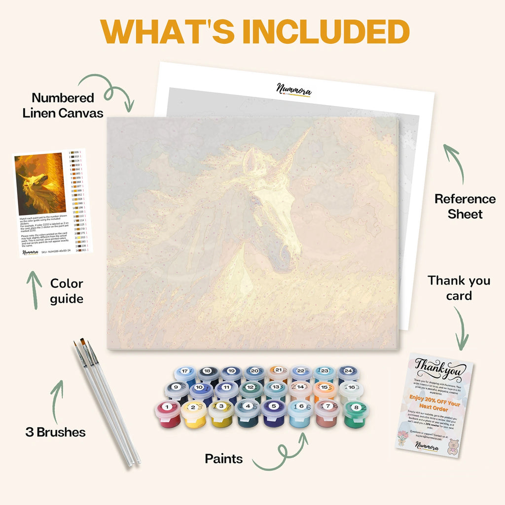 What's included in The Radiant Unicorn paint by numbers kit: numbered linen canvas, reference sheet, color guide, 24 acrylic paints, 3 brushes and thank you card