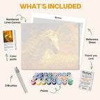 What's included in The Radiant Unicorn paint by numbers kit: numbered linen canvas, reference sheet, color guide, 24 acrylic paints, 3 brushes and thank you card