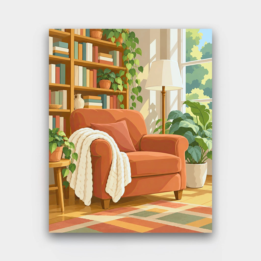 The Reading Corner paint by numbers kit of a terracotta armchair with a knitted throw beside sunny bookshelves and houseplants