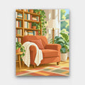 The Reading Corner paint by numbers kit of a terracotta armchair with a knitted throw beside sunny bookshelves and houseplants